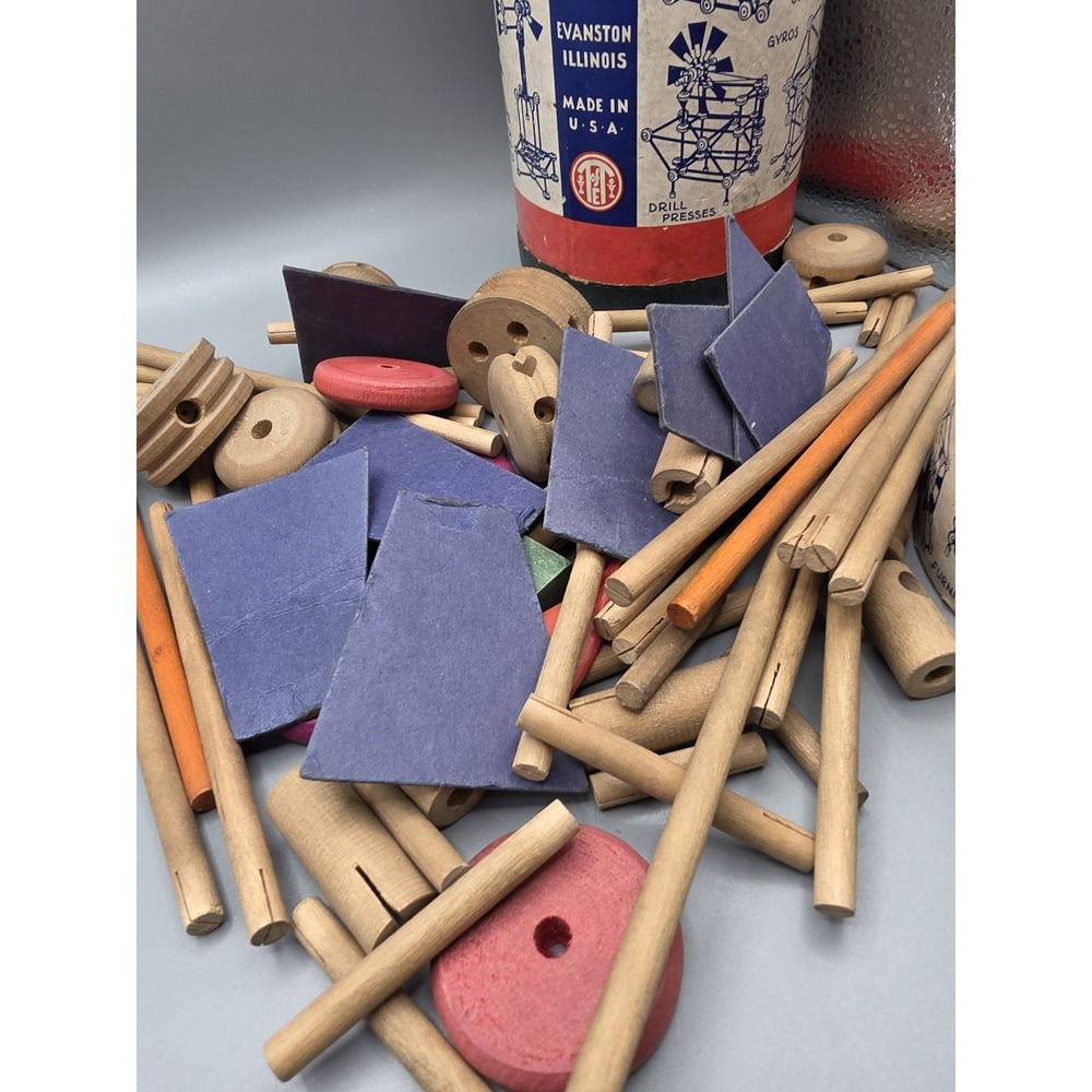 Vintage Wonder Tinkertoy Builder Toy Tinkers Wooden Set Canisters Parts USA - Picture 4 of 13